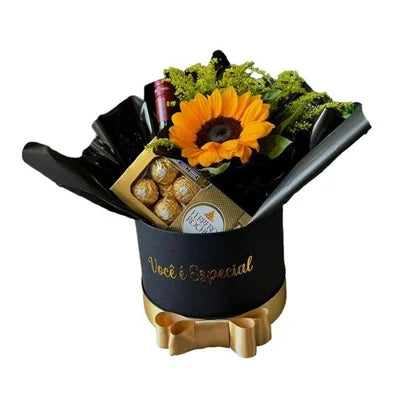 Box De Luxo Você É Especial - Vinho, Ferrero Rocher, Arranjo de Girassol,